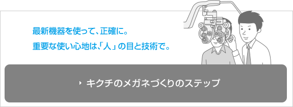 最新機器を使って、正確に。重要な使い心地は、「人」の目と技術で。キクチのメガネづくりのステップ